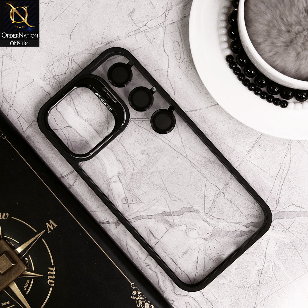 iPhone 15 Pro Max Cover - Black - Metal Camera Bracket Stand Soft Colour Borders with Camera Lens Protectors
