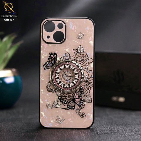 iPhone 15 Cover - Golden - TYBOMB Luxury Shiny Glass Butterfly Bling Diamond Metal Holder Soft Border Case