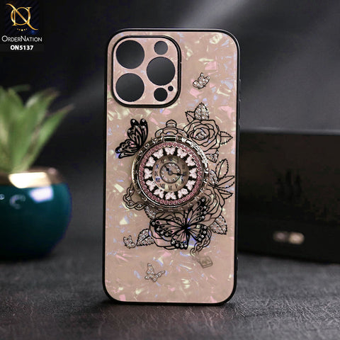 iPhone 15 Pro Cover - Golden - TYBOMB Luxury Shiny Glass Butterfly Bling Diamond Metal Holder Soft Border Case