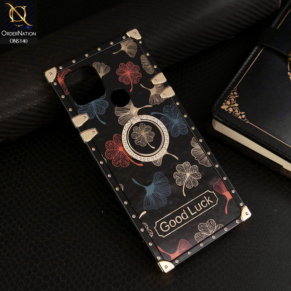 Oppo A15s Cover - Black - Trendy Style Good Luck Floral Square Trunk Soft Case With Holder