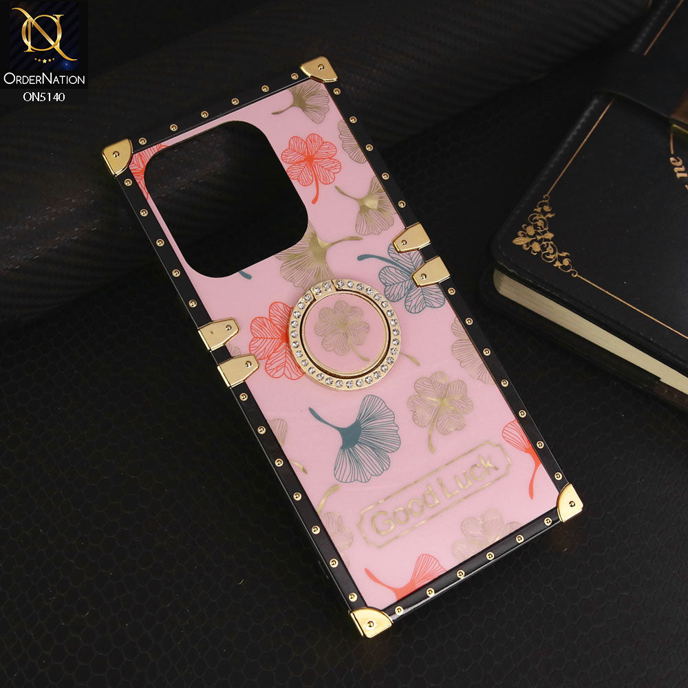 Tecno Pop 7 Pro  Cover - Pink - Trendy Style Good Luck Floral Square Trunk Soft Case With Holder