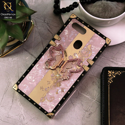 Oppo A7 Cover - Pink -  Luxury Shiny Rhinestone Butterfly Electroplated Square Trunk Soft Case