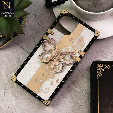 iPhone 14 Cover - White -  Luxury Shiny Rhinestone Butterfly Electroplated Square Trunk Soft Case