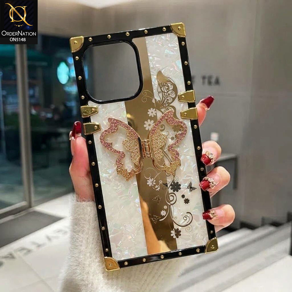 iPhone 16 Pro Max Cover - White - Luxury Shiny Rhinestone Butterfly Electroplated Square Trunk Soft Case