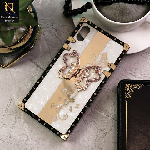 iPhone XS / X  Cover - White -  Luxury Shiny Rhinestone Butterfly Electroplated Square Trunk Soft Case