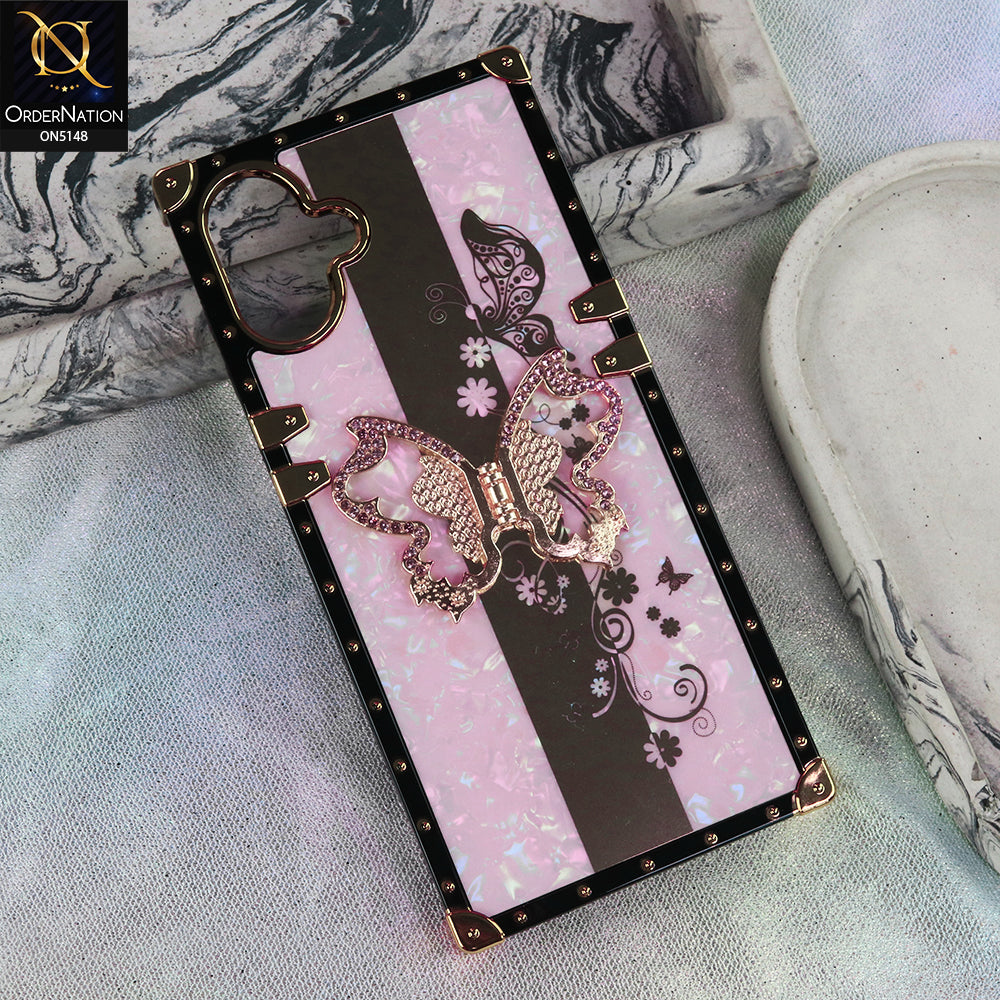 Samsung Galaxy M07 - Pink - Luxury Shiny Rhinestone Butterfly Electroplated Square Trunk Soft Case