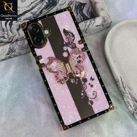 Samsung Galaxy M07 - Pink - Luxury Shiny Rhinestone Butterfly Electroplated Square Trunk Soft Case