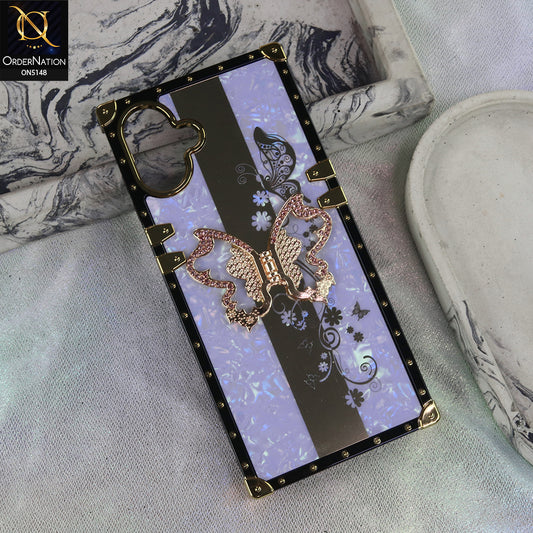 Samsung Galaxy M07 - Purple - Luxury Shiny Rhinestone Butterfly Electroplated Square Trunk Soft Case