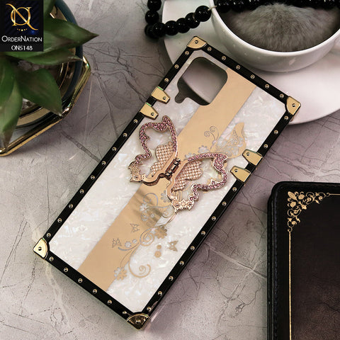 Samsung Galaxy A12 Cover - White -  Luxury Shiny Rhinestone Butterfly Electroplated Square Trunk Soft Case