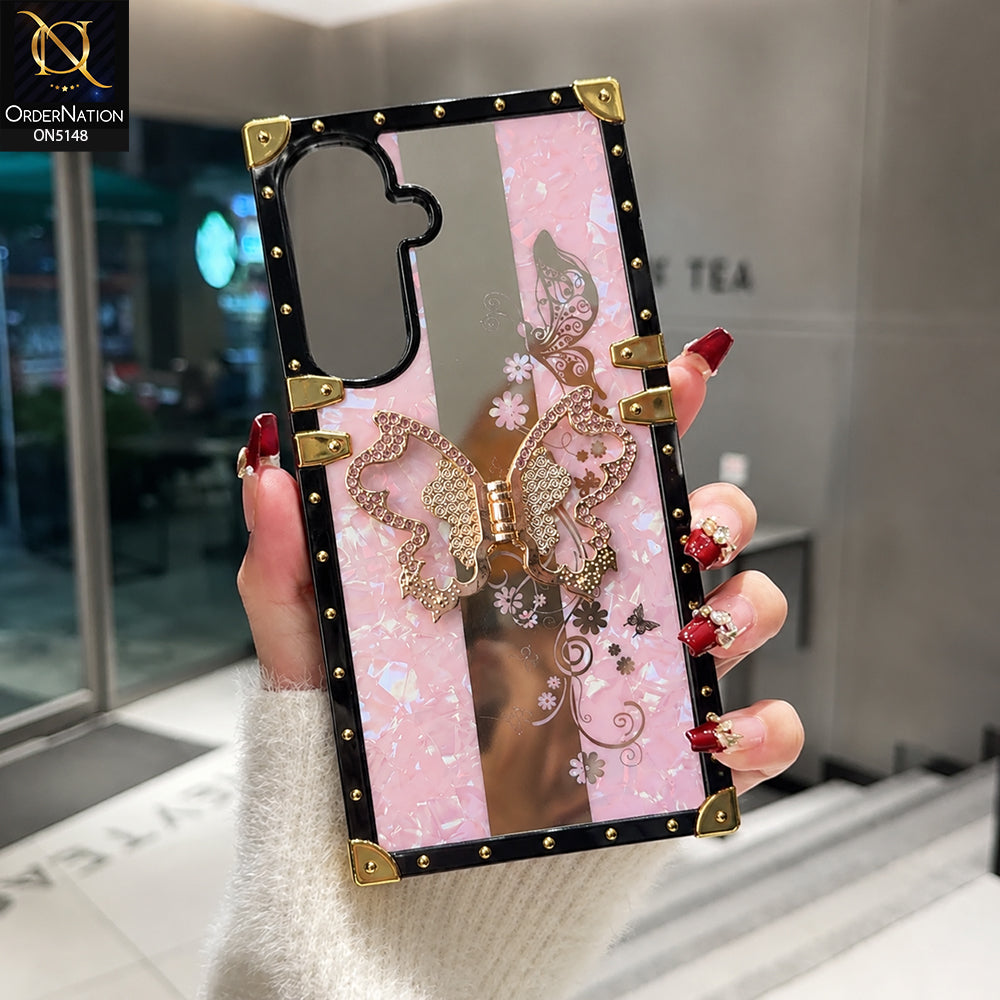 Samsung Galaxy A14 5G - Pink - Luxury Shiny Rhinestone Butterfly Electroplated Square Trunk Soft Case