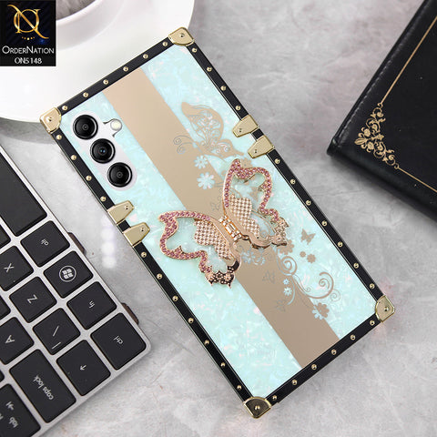 Samsung Galaxy A14 Cover - Aqua - Luxury Shiny Rhinestone Butterfly Electroplated Square Trunk Soft Case