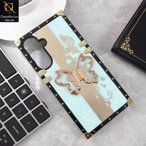 Samsung Galaxy M17 Cover - Aqua - Luxury Shiny Rhinestone Butterfly Electroplated Square Trunk Soft Case