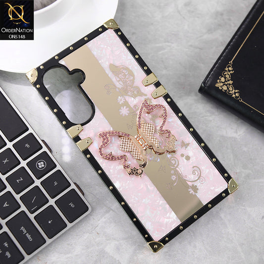 Samsung Galaxy M17 Cover - Rose Gold - Luxury Shiny Rhinestone Butterfly Electroplated Square Trunk Soft Case