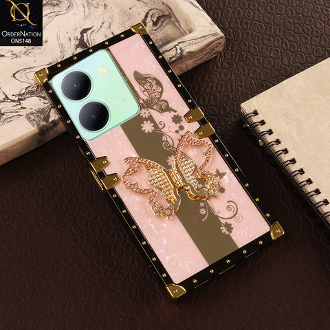 Vivo Y36 5G Cover - Pink - Luxury Shiny Rhinestone Butterfly Electroplated Square Trunk Soft Case
