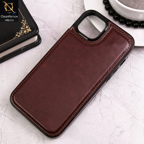 iPhone 14 Cover - Brown - Luxury PU Leather Card Holder Wallet Soft Case