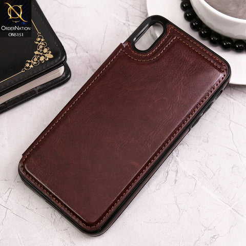 iPhone XS Max Cover - Brown - Luxury PU Leather Card Holder Wallet Soft Case