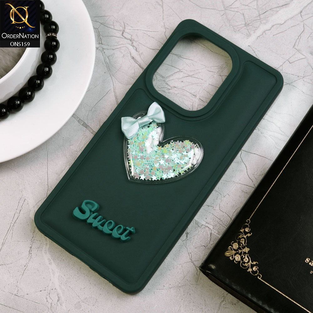 Tecno Camon 20 Cover - Green - New Trendy 3D Love Heart (Moving Shiny Stars Glitter) & Bow Candy Color Soft Silicon Case
