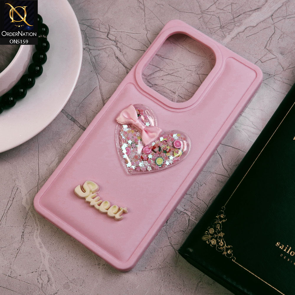 Tecno Camon 20 Cover - Pink - New Trendy 3D Love Heart (Moving Shiny Stars Glitter) & Bow Candy Color Soft Silicon Case