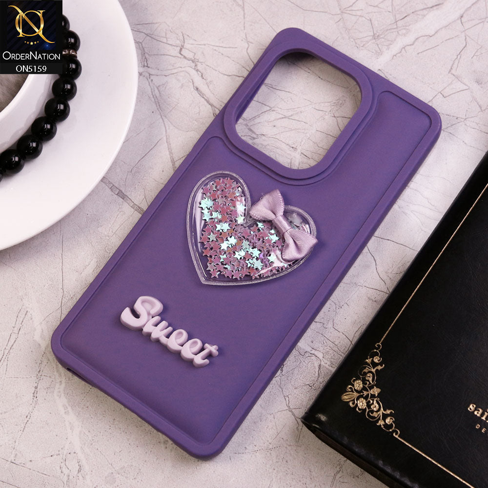 Tecno Camon 20 Pro Cover - Purple - New Trendy 3D Love Heart (Moving Shiny Stars Glitter) & Bow Candy Color Soft Silicon Case