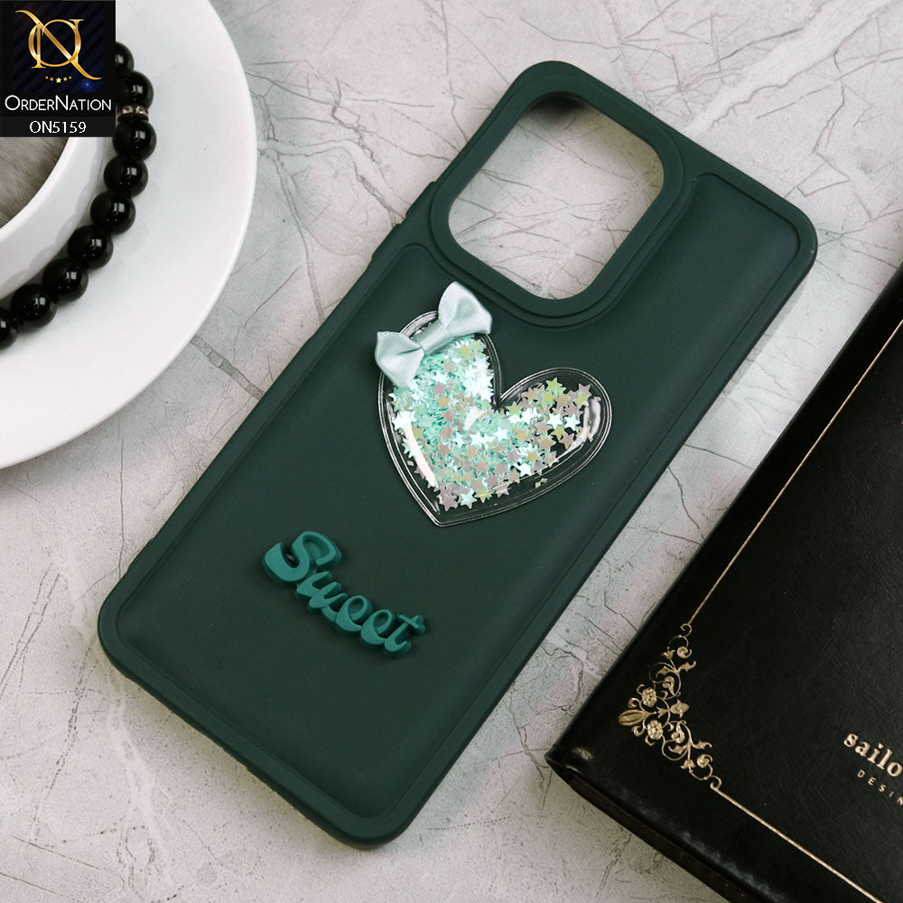 Infinix Hot 30 Play Cover - Green - New Trendy 3D Love Heart (Moving Shiny Stars Glitter) & Bow Candy Color Soft Silicon Case