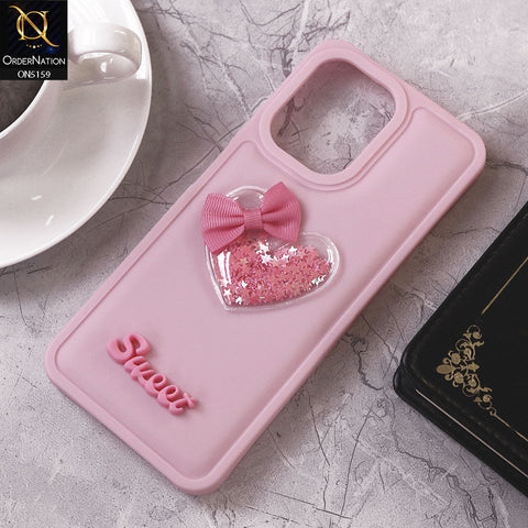 Infinix Hot 30 Play Cover - Pink - Design 2 - New Trendy 3D Love Heart (Moving Shiny Stars Glitter) & Bow Candy Color Soft Silicon Case
