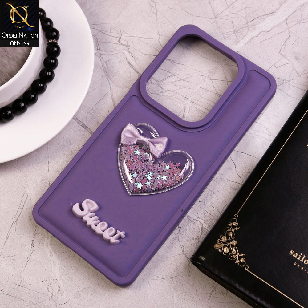 Infinix Hot 40 Pro Cover - Purple - New Trendy 3D Love Heart (Moving Shiny Stars Glitter) & Bow Candy Color Soft Silicon Case