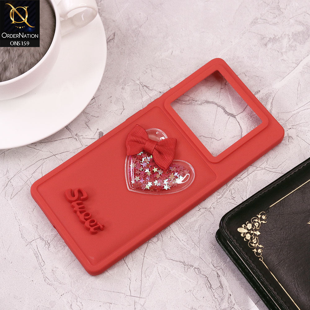 Infinix Note 40 Pro Cover - Red - New Trendy 3D Love Heart (Moving Shiny Stars Glitter) & Bow Candy Color Soft Silicon Case