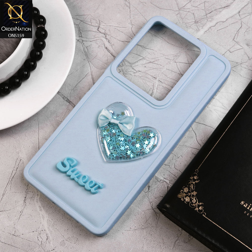 Infinix Note 30 Cover - Blue - New Trendy 3D Love Heart (Moving Shiny Stars Glitter) & Bow Candy Color Soft Silicon Case