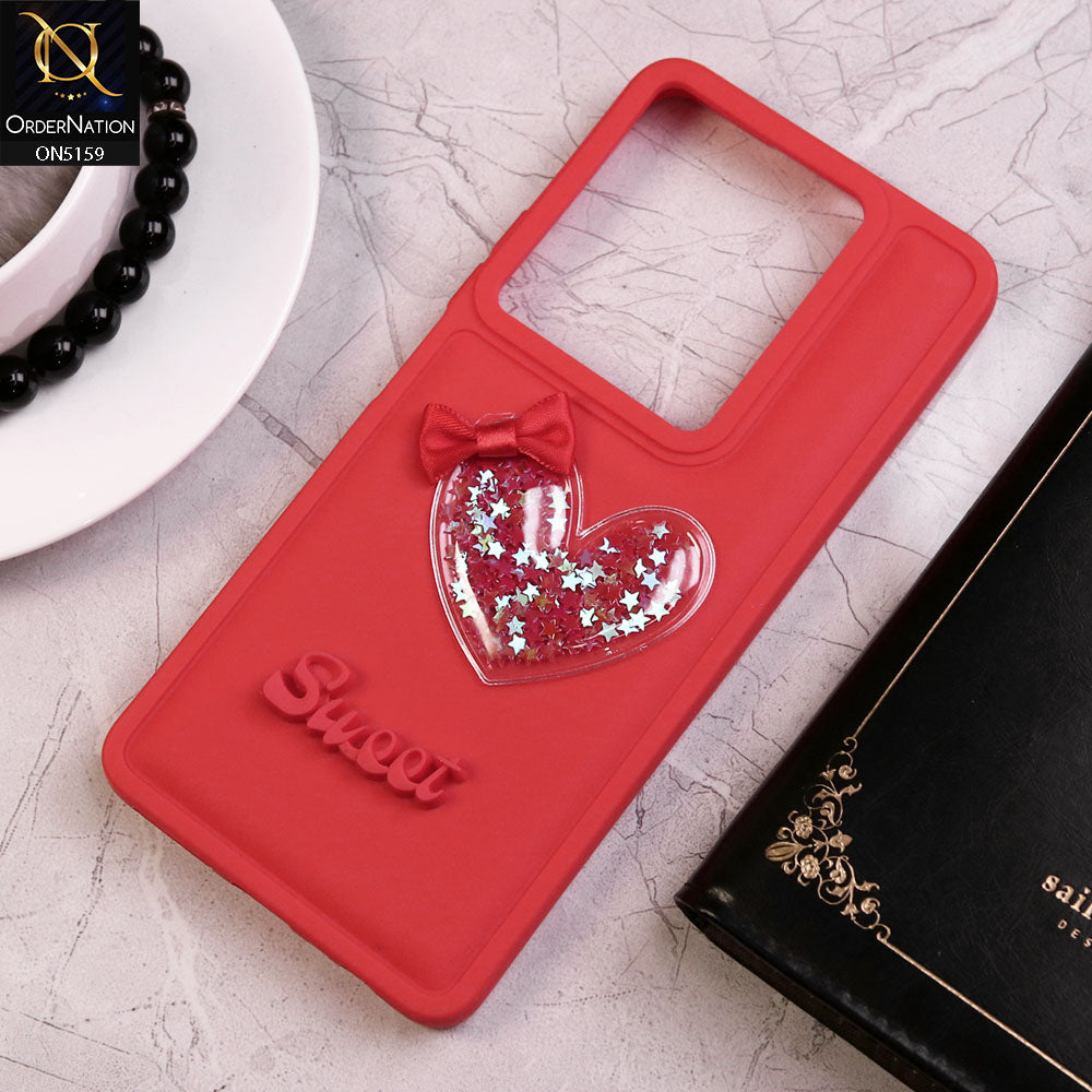 Infinix Note 30 Cover - Red - New Trendy 3D Love Heart (Moving Shiny Stars Glitter) & Bow Candy Color Soft Silicon Case