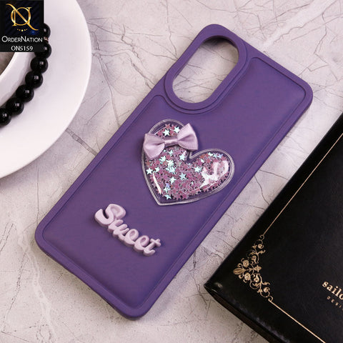Oppo A18 Cover - Purple - New Trendy 3D Love Heart (Moving Shiny Stars Glitter) & Bow Candy Color Soft Silicon Case