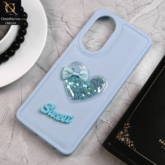 Oppo A58 4G Cover - Blue - New Trendy 3D Love Heart (Moving Shiny Stars Glitter) & Bow Candy Color Soft Silicon Case