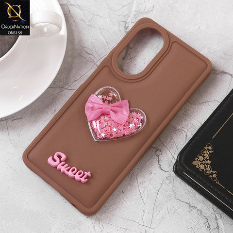 Oppo A58 Cover - Brown - Design 2 - New Trendy 3D Love Heart (Moving Shiny Stars Glitter) & Bow Candy Color Soft Silicon Case