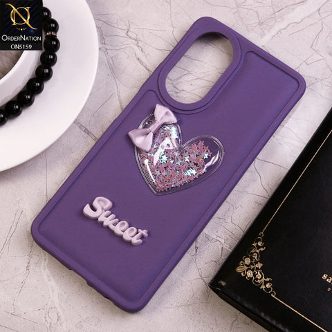 Oppo A58 4G Cover - Purple - New Trendy 3D Love Heart (Moving Shiny Stars Glitter) & Bow Candy Color Soft Silicon Case