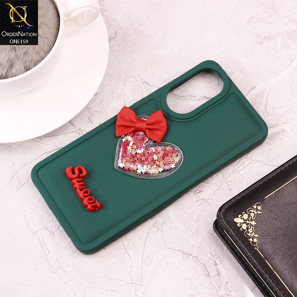 Oppo A78 Cover - Green - Design 2 - New Trendy 3D Love Heart (Moving Shiny Stars Glitter) & Bow Candy Color Soft Silicon Case