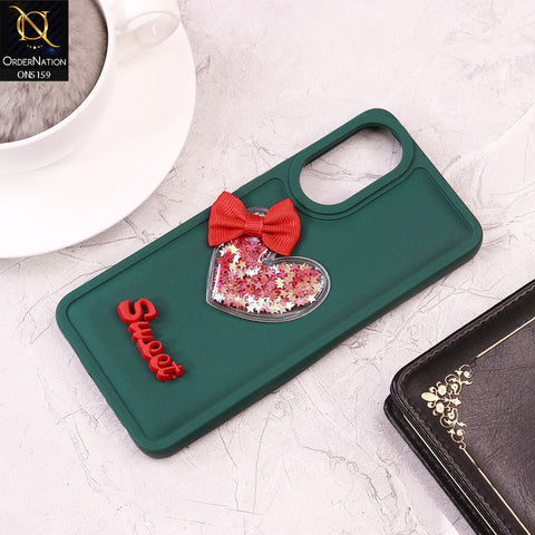 Oppo A78 Cover - Green - Design 2 - New Trendy 3D Love Heart (Moving Shiny Stars Glitter) & Bow Candy Color Soft Silicon Case