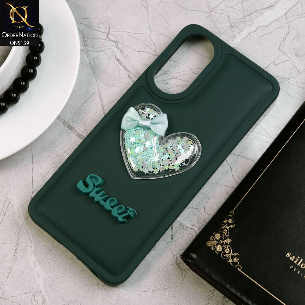 Oppo A78 4G Cover - Green - New Trendy 3D Love Heart (Moving Shiny Stars Glitter) & Bow Candy Color Soft Silicon Case