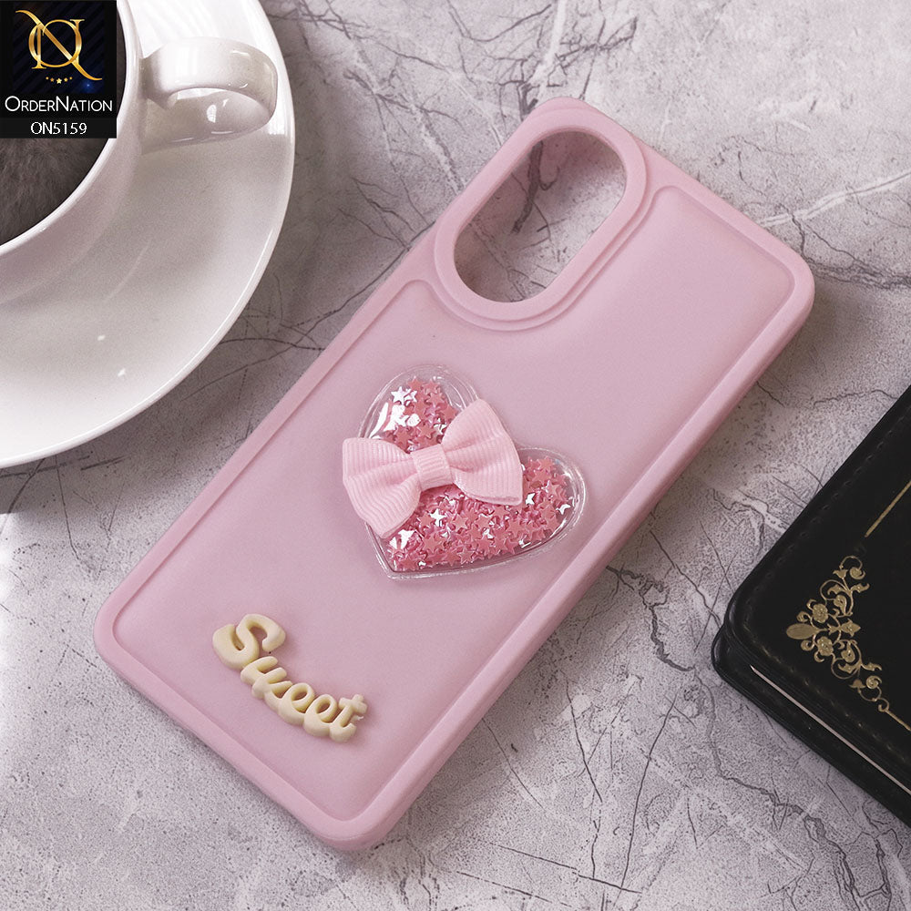 Oppo A78 Cover - Pink - Design 2 - New Trendy 3D Love Heart (Moving Shiny Stars Glitter) & Bow Candy Color Soft Silicon Case