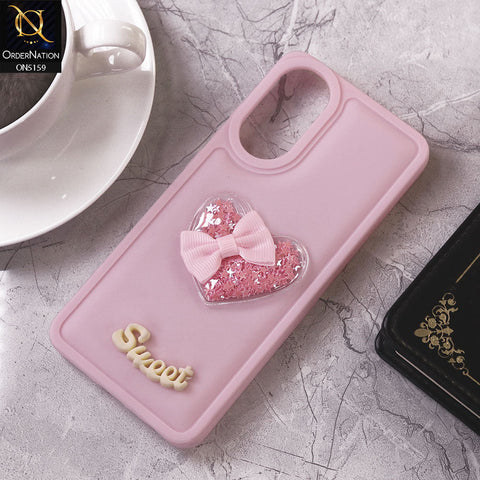 Oppo A78 Cover - Pink - Design 2 - New Trendy 3D Love Heart (Moving Shiny Stars Glitter) & Bow Candy Color Soft Silicon Case