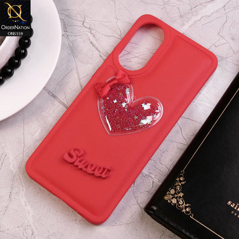Oppo A78 4G Cover - Red - New Trendy 3D Love Heart (Moving Shiny Stars Glitter) & Bow Candy Color Soft Silicon Case