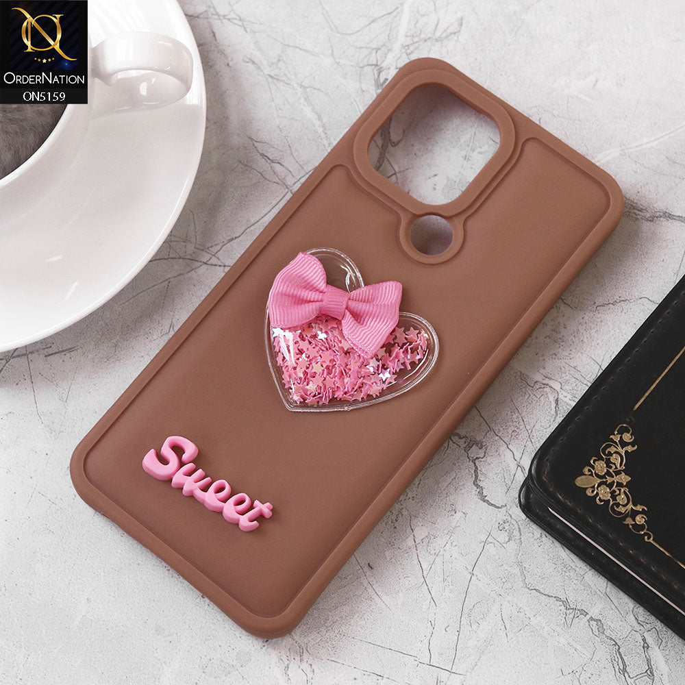 Xiaomi Redmi A1 Plus Cover - Brown - Design 2 - New Trendy 3D Love Heart (Moving Shiny Stars Glitter) & Bow Candy Color Soft Silicon Case