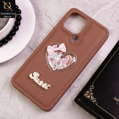 Xiaomi Redmi A2 Plus Cover - Brown - New Trendy 3D Love Heart (Moving Shiny Stars Glitter) & Bow Candy Color Soft Silicon Case