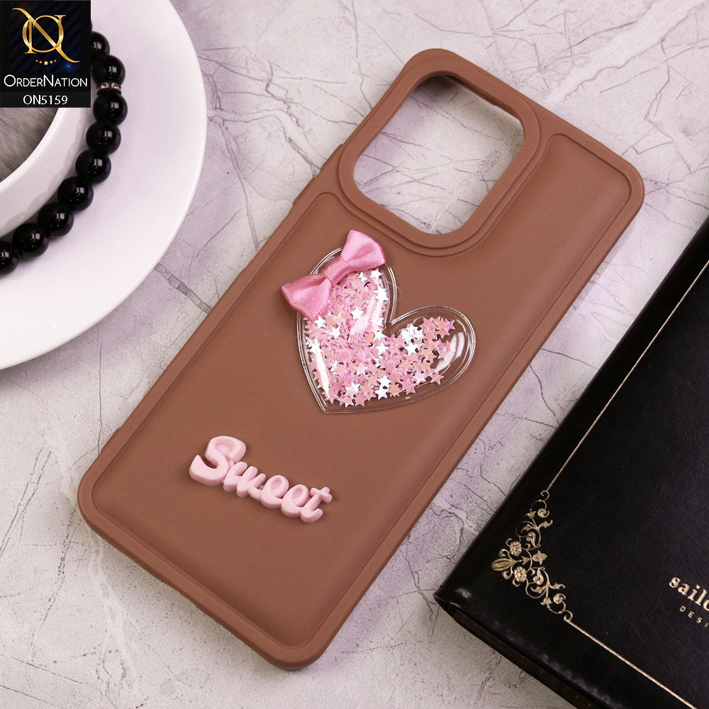 Xiaomi Redmi 13C Cover - Brown - New Trendy 3D Love Heart (Moving Shiny Stars Glitter) & Bow Candy Color Soft Silicon Case