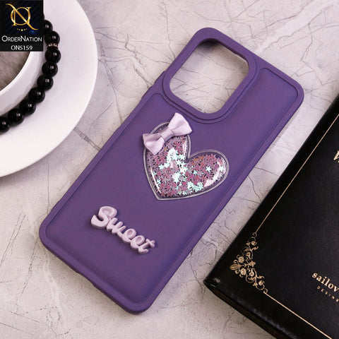 Xiaomi Redmi 13C Cover - Purple - New Trendy 3D Love Heart (Moving Shiny Stars Glitter) & Bow Candy Color Soft Silicon Case