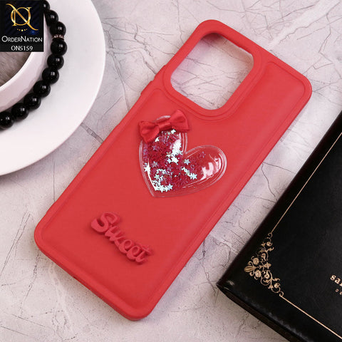 Xiaomi Redmi 13C Cover - Red - New Trendy 3D Love Heart (Moving Shiny Stars Glitter) & Bow Candy Color Soft Silicon Case