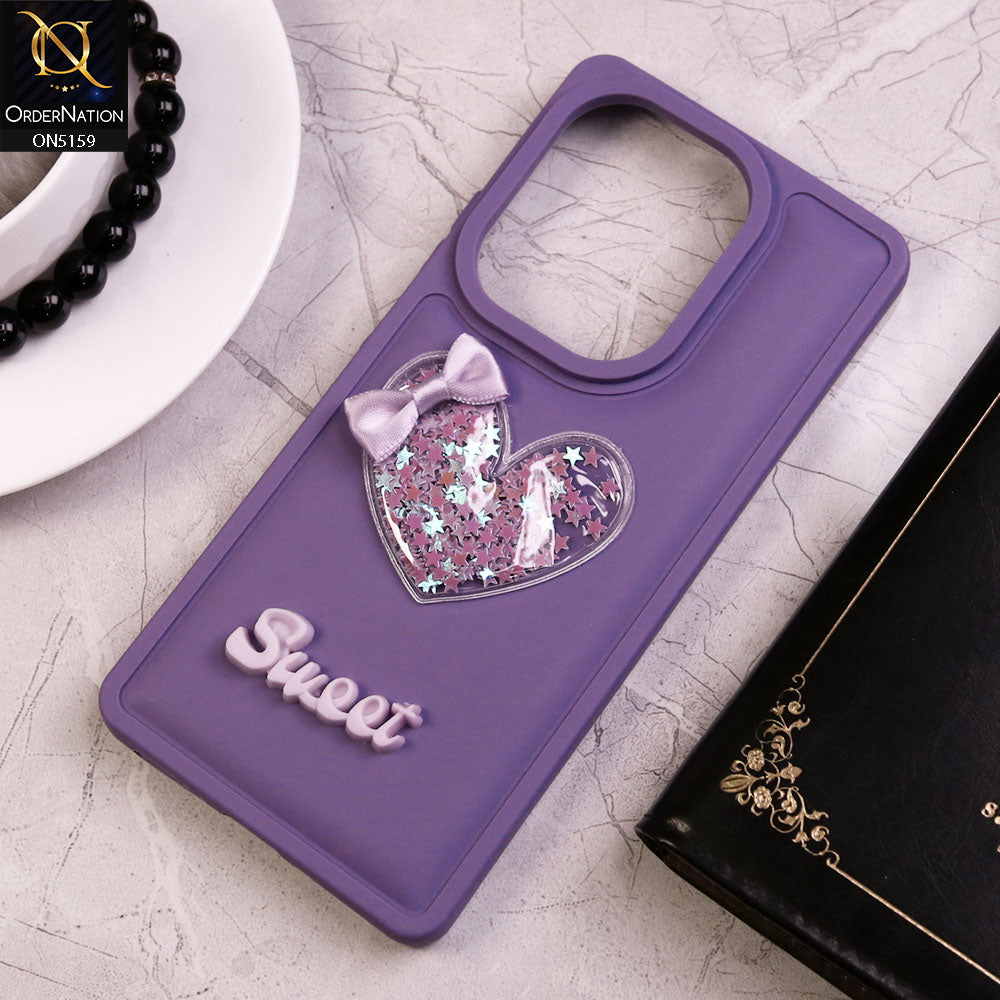 Xiaomi Redmi Note 13 Pro 4G Cover - Purple - New Trendy 3D Love Heart (Moving Shiny Stars Glitter) & Bow Candy Color Soft Silicon Case