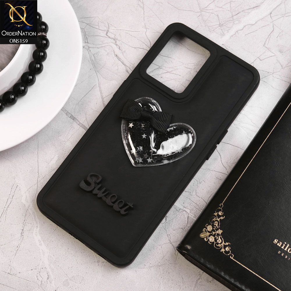 Oppo Reno 7 4G Cover - Black - New Trendy 3D Love Heart (Moving Shiny Stars Glitter) & Bow Candy Color Soft Silicon Case