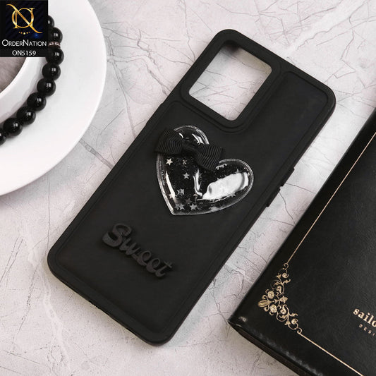 Oppo Reno 7 4G Cover - Black - New Trendy 3D Love Heart (Moving Shiny Stars Glitter) & Bow Candy Color Soft Silicon Case
