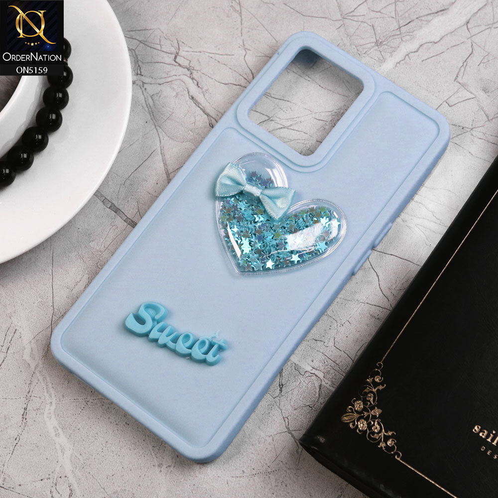 Oppo Reno 7 4G Cover - Blue - New Trendy 3D Love Heart (Moving Shiny Stars Glitter) & Bow Candy Color Soft Silicon Case