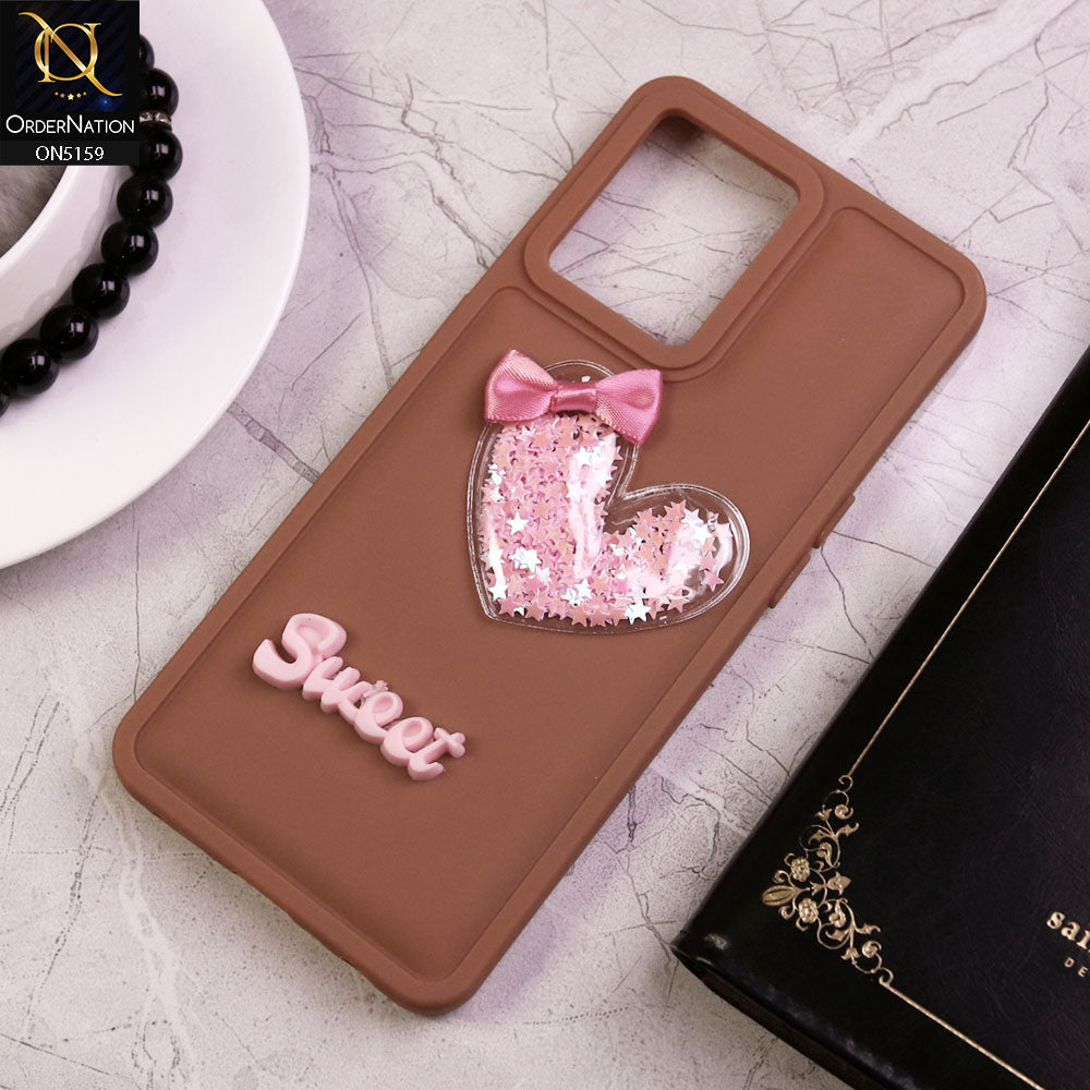 Oppo Reno 7 4G Cover - Brown - New Trendy 3D Love Heart (Moving Shiny Stars Glitter) & Bow Candy Color Soft Silicon Case