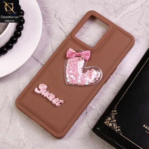 Oppo Reno 7 4G Cover - Brown - New Trendy 3D Love Heart (Moving Shiny Stars Glitter) & Bow Candy Color Soft Silicon Case